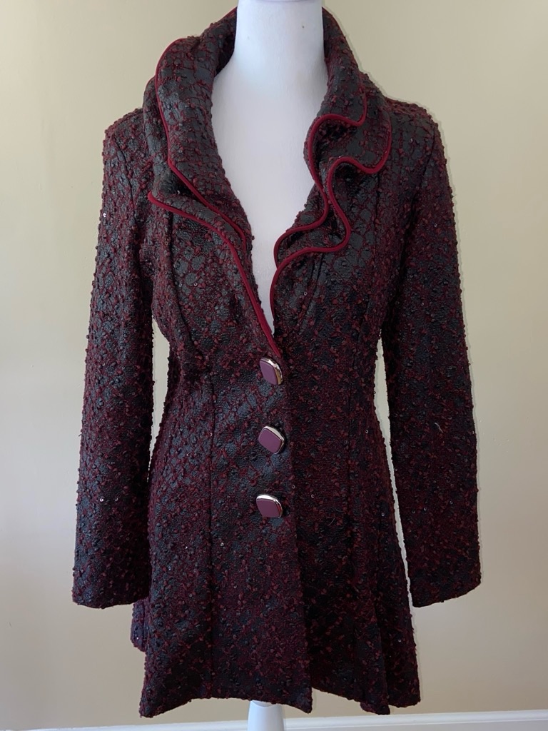 Frank Lyman Design Burgundy Textured Ruffle-Collar Pea Coat